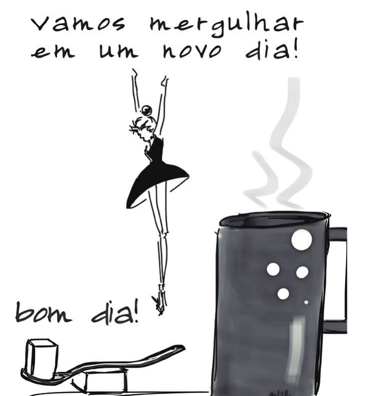 Ilustração de uma bailarina saltando sobre o cabo de uma colher para lançar um cubo de açúcar em direção a uma caneca