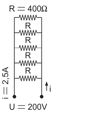 Circuito A: cinco resistores iguais (R = 400 Ω) em paralelo, U = 200 V e i = 2,5 A.