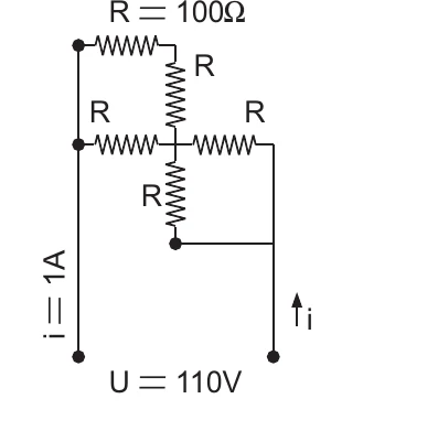 Circuito B: associação mista de resistores, com R = 100 Ω, U = 110 V e i = 1 A.