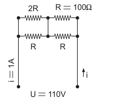 Circuito C: resistores 2R, R = 100 Ω e R em associação mista, U = 110 V e i = 1 A.