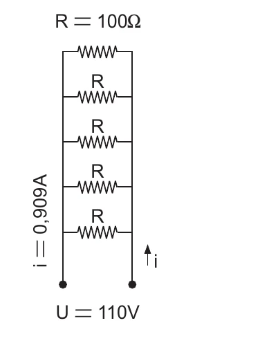 Circuito D: cinco resistores de 100 Ω em paralelo, U = 110 V e i = 0,909 A.