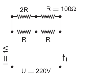 Circuito E: resistores 2R e R = 100 Ω em associação mista, U = 220 V e i = 1 A.