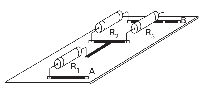 Placa com o resistor R₁ em série com a associação em paralelo de R₂ e R₃, entre os pontos A e B.