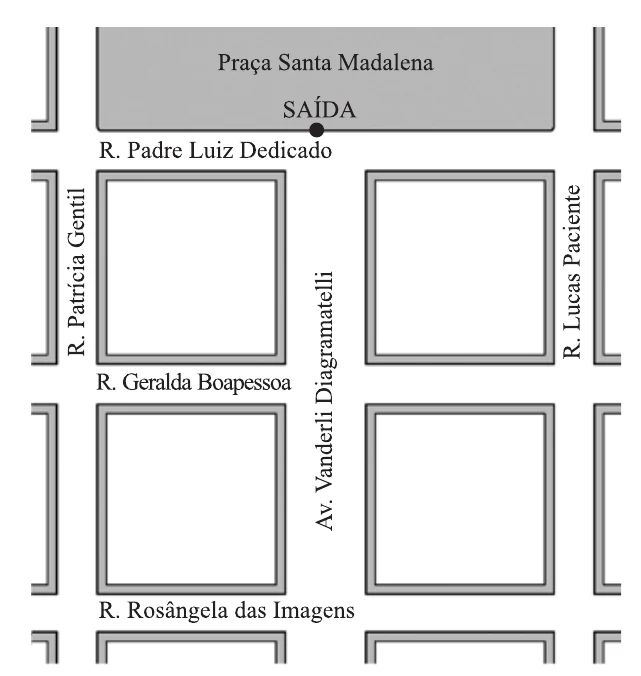 Mapa: praça Santa Madalena com o ponto de saída e a Av. Vanderli Diagramatelli, cortada pelas ruas Padre Luiz Dedicado, Geralda Boapessoa e Rosângela das Imagens.