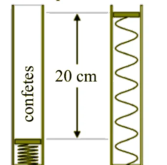 Tubo com os confetes e a mola comprimida ao fundo; ao lado, a mola relaxada, com 20 cm de distensão.