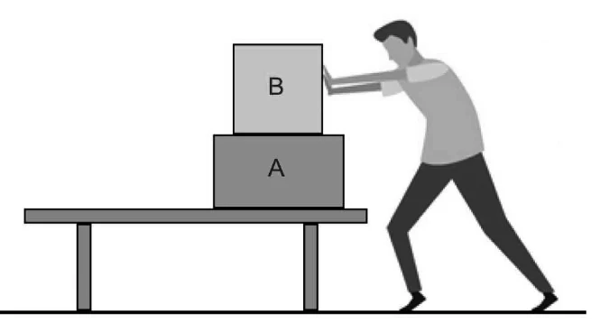 Pessoa empurrando horizontalmente a caixa B, apoiada sobre a caixa A, que está sobre uma mesa.