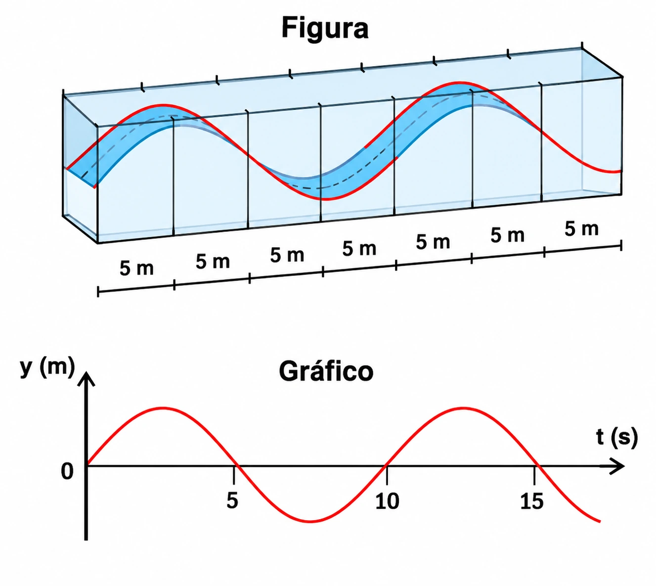 Perfil espacial da onda com escala de 5 m e gráfico do deslocamento vertical em função do tempo