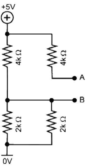 Circuito com resistores de 4 kΩ e 2 kΩ entre os potenciais de 5 V e 0 V