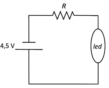 Circuito em série com bateria de 4,5 V, resistor R e lâmpada LED