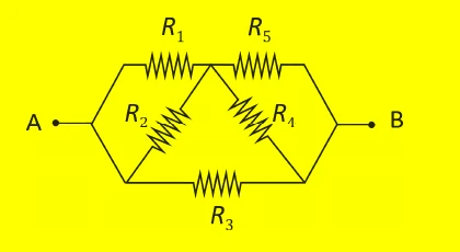 Circuito com cinco resistores iguais formando dois pares paralelos ligados em série e um resistor entre A e B