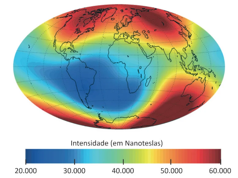 Mapa mundial mostrando a intensidade do campo magnético terrestre em nanoteslas, com região de baixa intensidade (azul) sobre a América do Sul e África, e alta intensidade (vermelho) nos polos