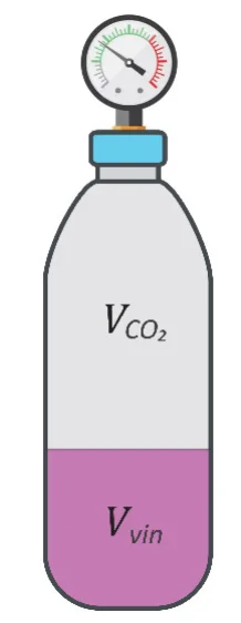 Diagrama de uma garrafa PET selada com manômetro no topo, mostrando o volume de gás carbônico VCO2 na parte superior e o volume de líquido remanescente Vvin na parte inferior