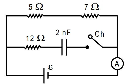 Circuito com resistores de 5 Ω e 7 Ω, ramo de 12 Ω em série com capacitor 2 nF e chave Ch, gerador ε e amperímetro — questão 58 Mackenzie 1999.2
