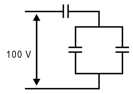 Fonte de 100 V ligada a um capacitor em série com dois capacitores iguais em paralelo — questão 57 Mackenzie 1999.2