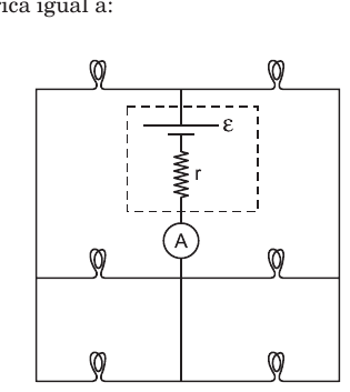 Circuito com seis lâmpadas idênticas distribuídas em três ramos horizontais, gerador de 3 volts com resistência interna e amperímetro no ramo central.