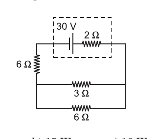 Circuito com gerador de 30 V e resistência interna de 2 ohms associado a resistores externos de 6, 3 e 6 ohms.