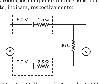 Circuito com gerador de 9 V, receptor de 6 V, resistências internas e resistor de 36 ohms, amperímetro e voltímetro ideais.