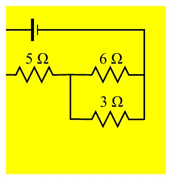 Circuito com resistores de 5 ohms, 6 ohms e 3 ohms ligado a um gerador