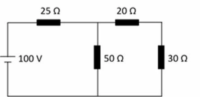 Fonte de 100 V em série com 25 Ω e dois ramos: um de 50 Ω, outro de 20 Ω e 30 Ω em série.