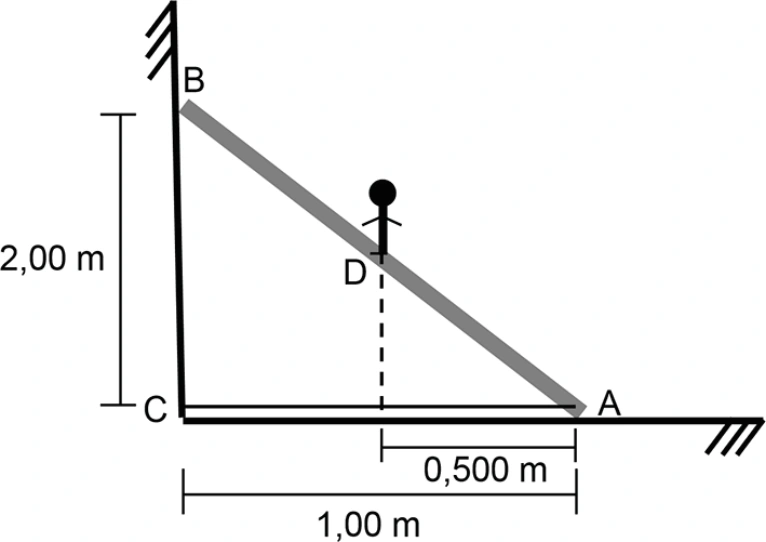 Escada AB: altura BC de 2 m e base AC de 1 m; pessoa D a 0,500 m de A.