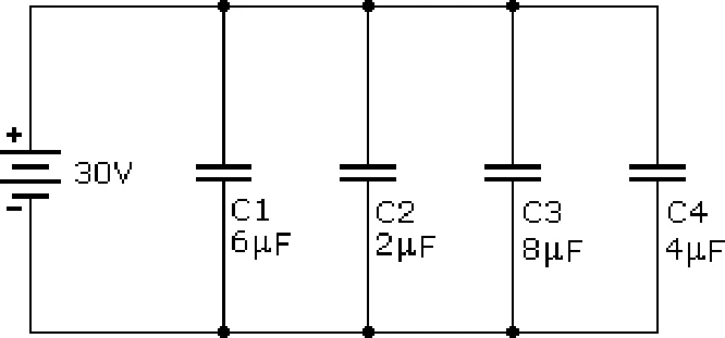 Quatro capacitores de 6, 2, 8 e 4 microfarads em paralelo com fonte de 30 V.