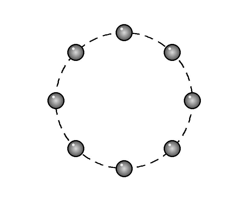 Oito posições igualmente espaçadas de uma esfera em movimento circular uniforme