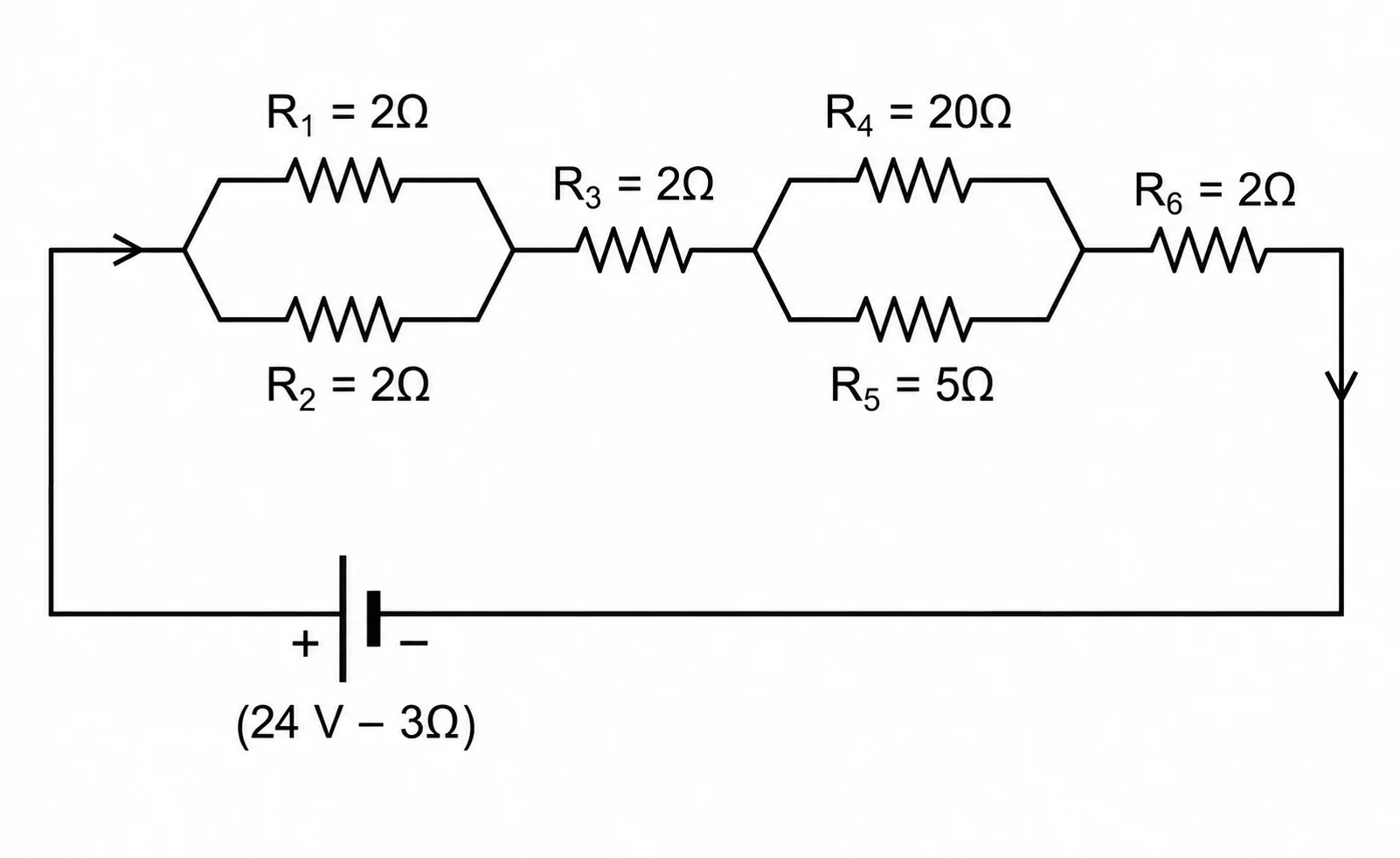 Circuito elétrico da questão 22 do Mackenzie 2024.1, com associações de resistores em série e paralelo e bateria de 24 V com resistência interna de 3 ohms