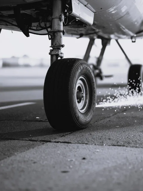Pneu do trem de pouso de um avião durante a aterrissagem