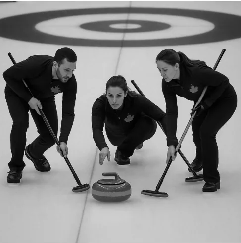 Jogadoras de curling lançando a pedra de granito sobre o gelo
