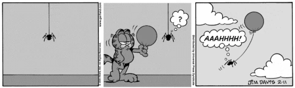 Tirinha do Garfield: o gato prende um balão de hélio em uma aranha, que sobe