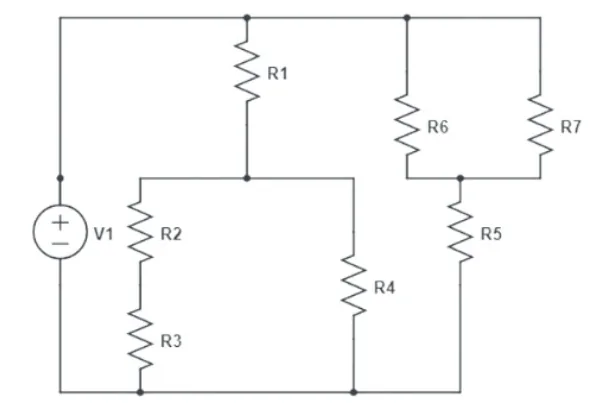 Circuito com resistores R1 a R7 e fonte V1