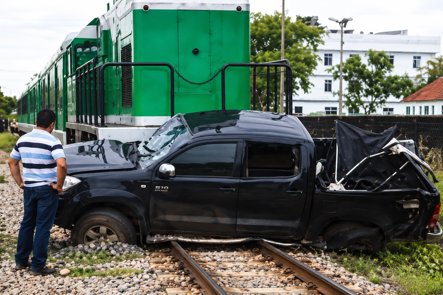 Camionete atingida e arrastada por um trem de carga em passagem de nível