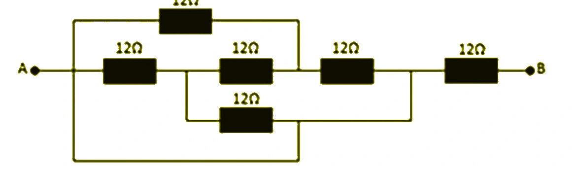 Associação de seis resistores de 12 ohms entre os terminais A e B, com ramos superiores e inferiores de fio ideal