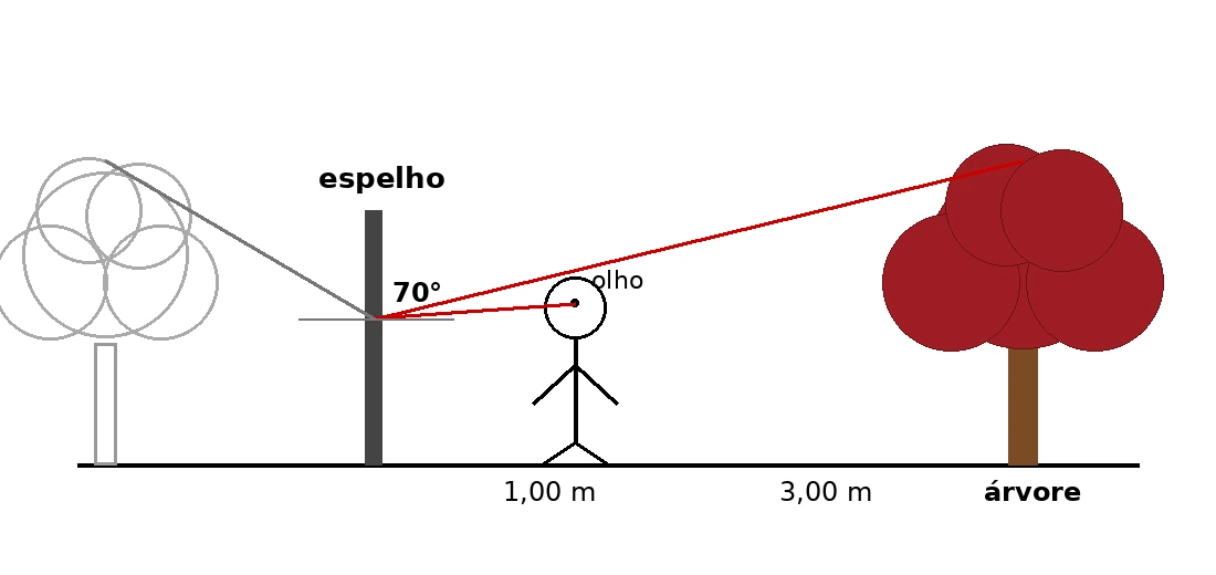 Esquema de um observador diante de um espelho plano vendo o topo de uma árvore por reflexão