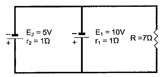 Circuito com dois geradores em paralelo, de 5 V e 1 ohm e de 10 V e 1 ohm, ligados ao resistor de 7 ohms