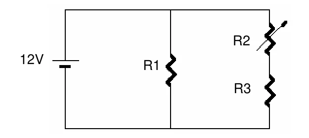 Circuito com fonte de 12 V, resistor R1 em paralelo com a série formada por R2, variável, e R3