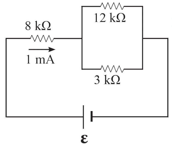 Resistor de 8 kΩ em série com a associação paralela de 12 kΩ e 3 kΩ. A corrente pelo resistor de 8 kΩ é 1 mA.