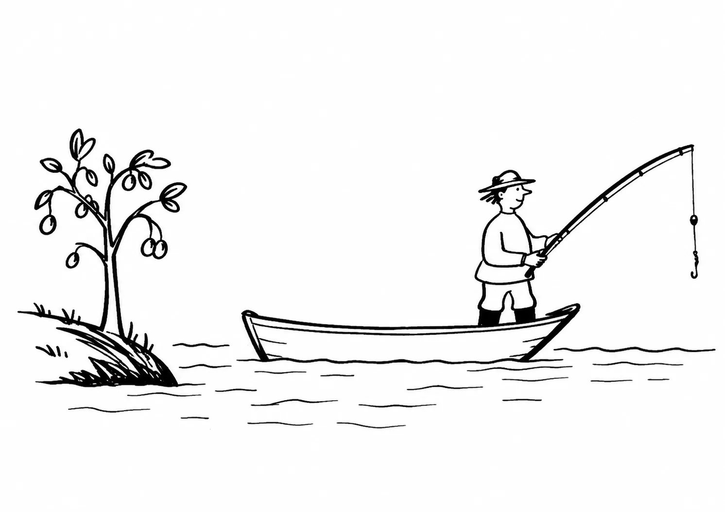 Pescador em um barco próximo à margem, diante de uma árvore carregada de frutos