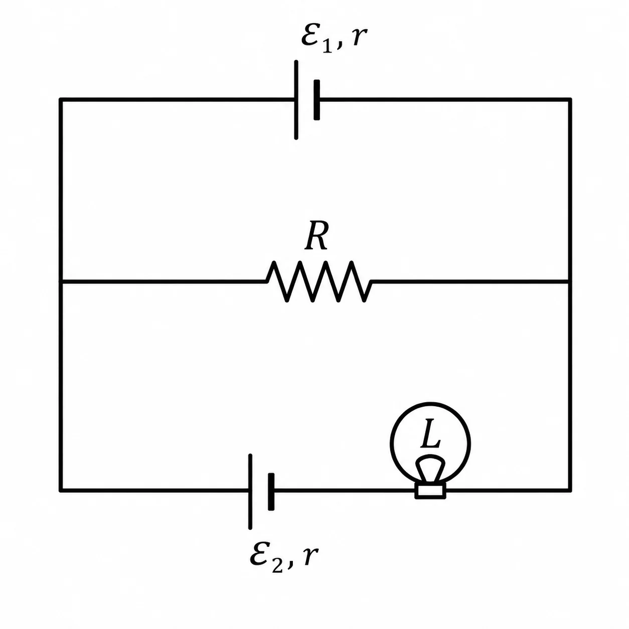 Circuito com duas baterias, resistor R e lâmpada L