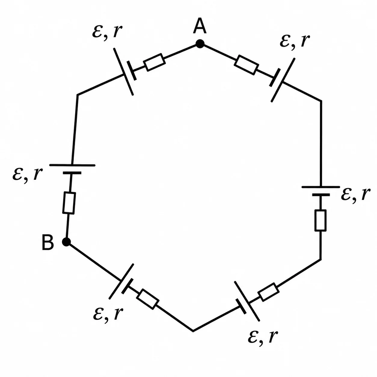 Circuito hexagonal formado por seis pilhas idênticas
