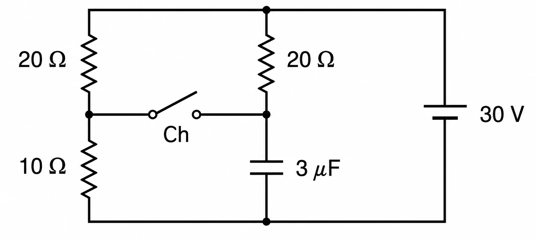 Circuito com fonte de 30 volts, resistores, chave e capacitor de 3 microfarads