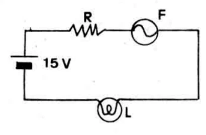 Circuito em série com fonte, resistor supercondutor, fusível e lâmpada