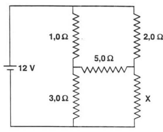 Ponte de Wheatstone alimentada por bateria de 12 V com resistores de 1 2 3 5 ohms e resistência X