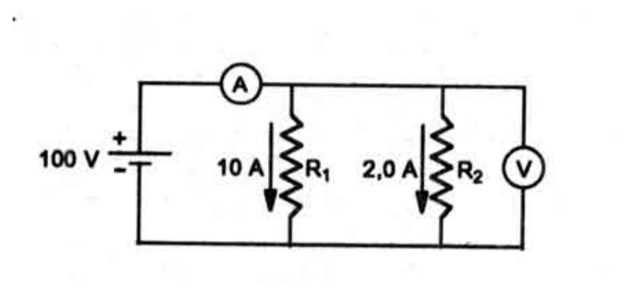 Circuito com bateria de 100 V, amperímetro, resistores R1 e R2 e voltímetro