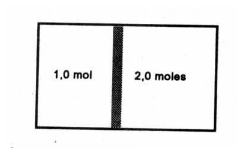 Cilindro dividido por parede móvel, com 1,0 mol à esquerda e 2,0 moles à direita