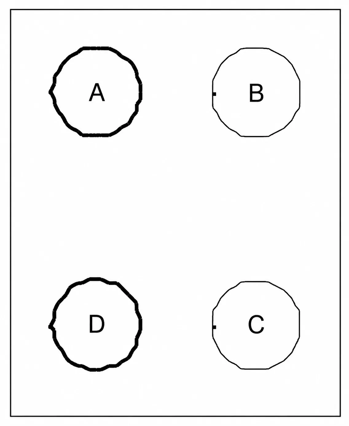 Disposição dos quatro blocos de gelo A, B, C e D na questão 6 da UNICAMP 1997