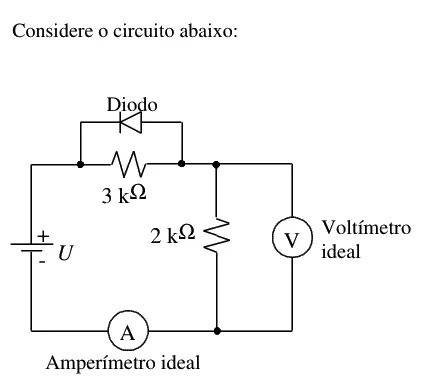 Circuito com diodo ideal em paralelo com resistor de 3 kΩ, resistor de 2 kΩ, voltímetro e amperímetro
