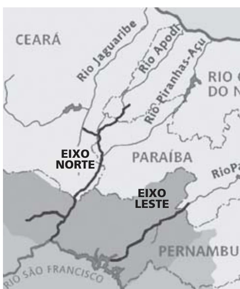 Mapa dos Eixos Norte e Leste do projeto de transposição do Rio São Francisco