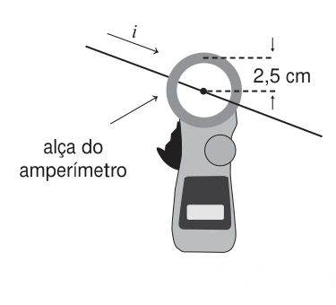 Alicate-amperímetro envolvendo um fio retilíneo com indicação de 2,5 cm