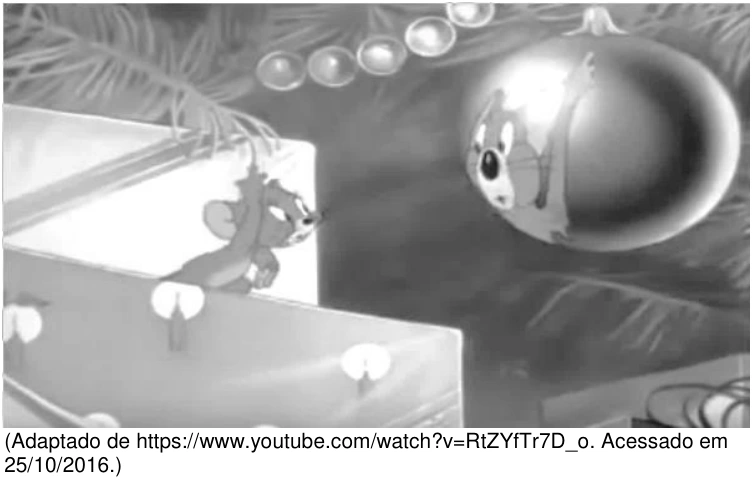 Jerry observando sua imagem em uma bola de Natal refletora